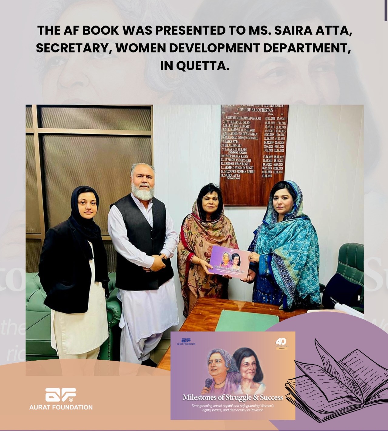 The AF Book was presented to Ms. Saira Atta, Secretary, Women Development Department.