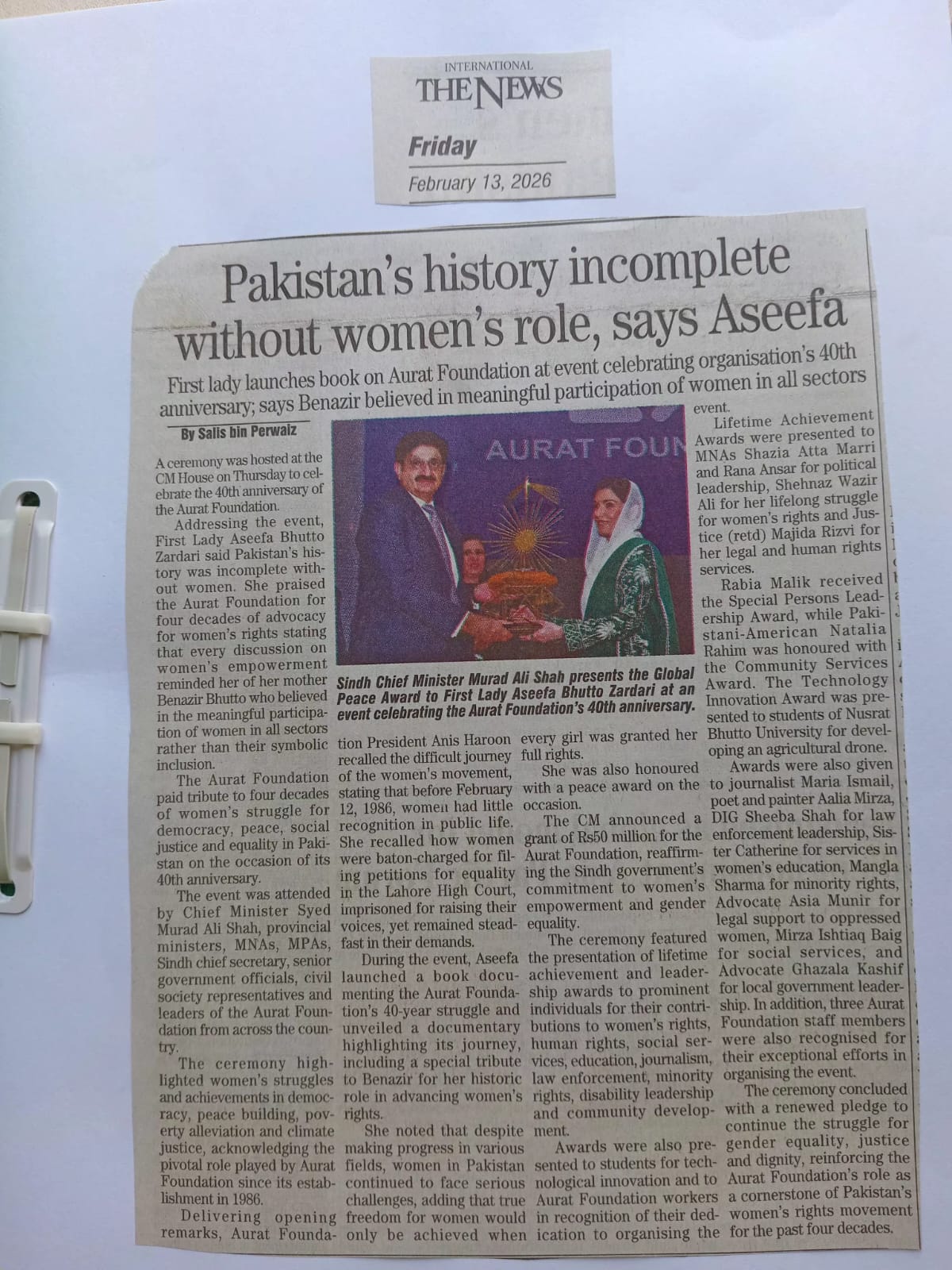 Pakistan's history incomplete without women's role, says Aseefa - The News International