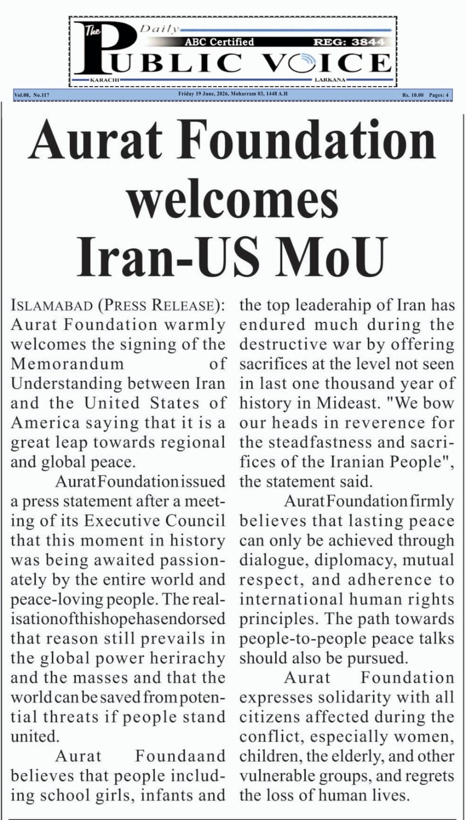 Aurat Foundation Welcomes Iran-US MoU - The Daily Public Voice