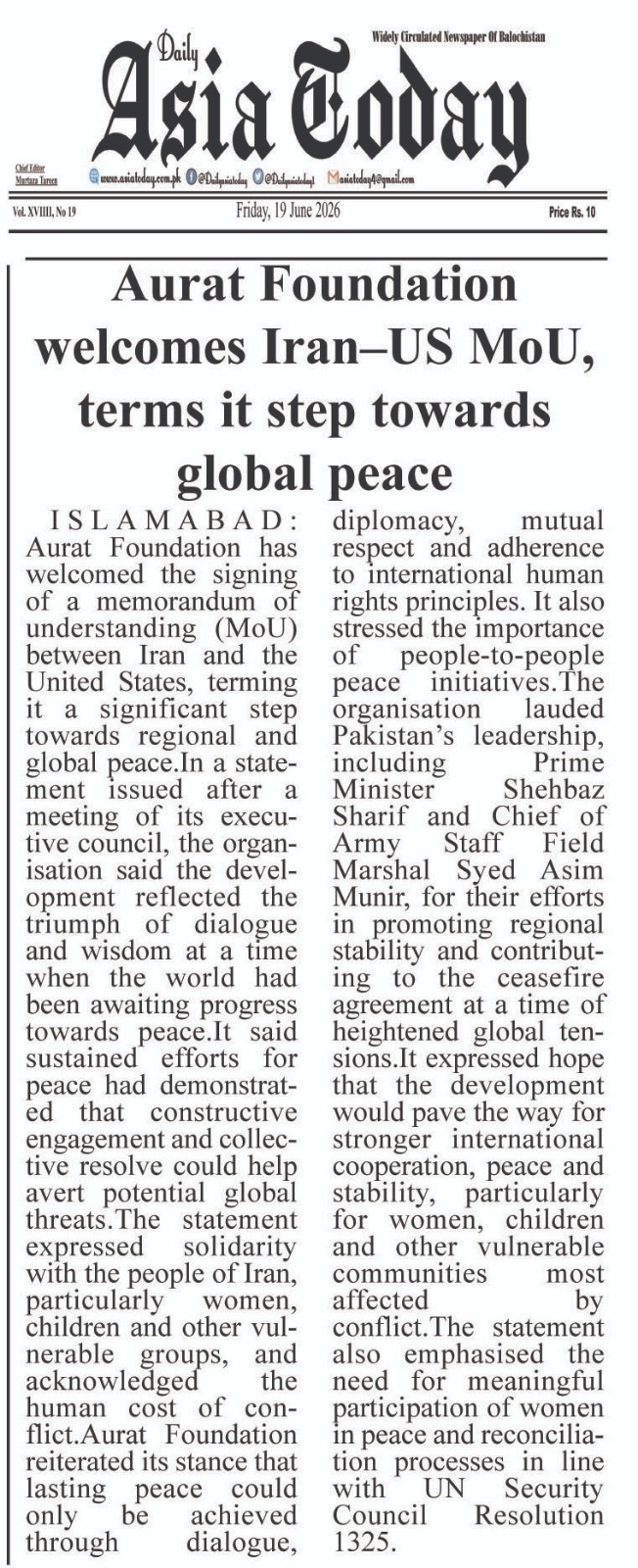 Aurat Foundation Welcomes Iran-US MoU, terms it step towards global peace - Daily Asia Today