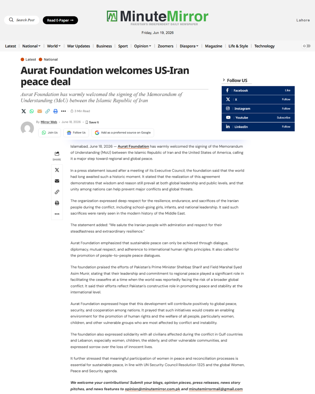 Aurat Foundation welcomes US-Iran peace deal - Minute Mirror Pakistan's Independent Daily Newspaper