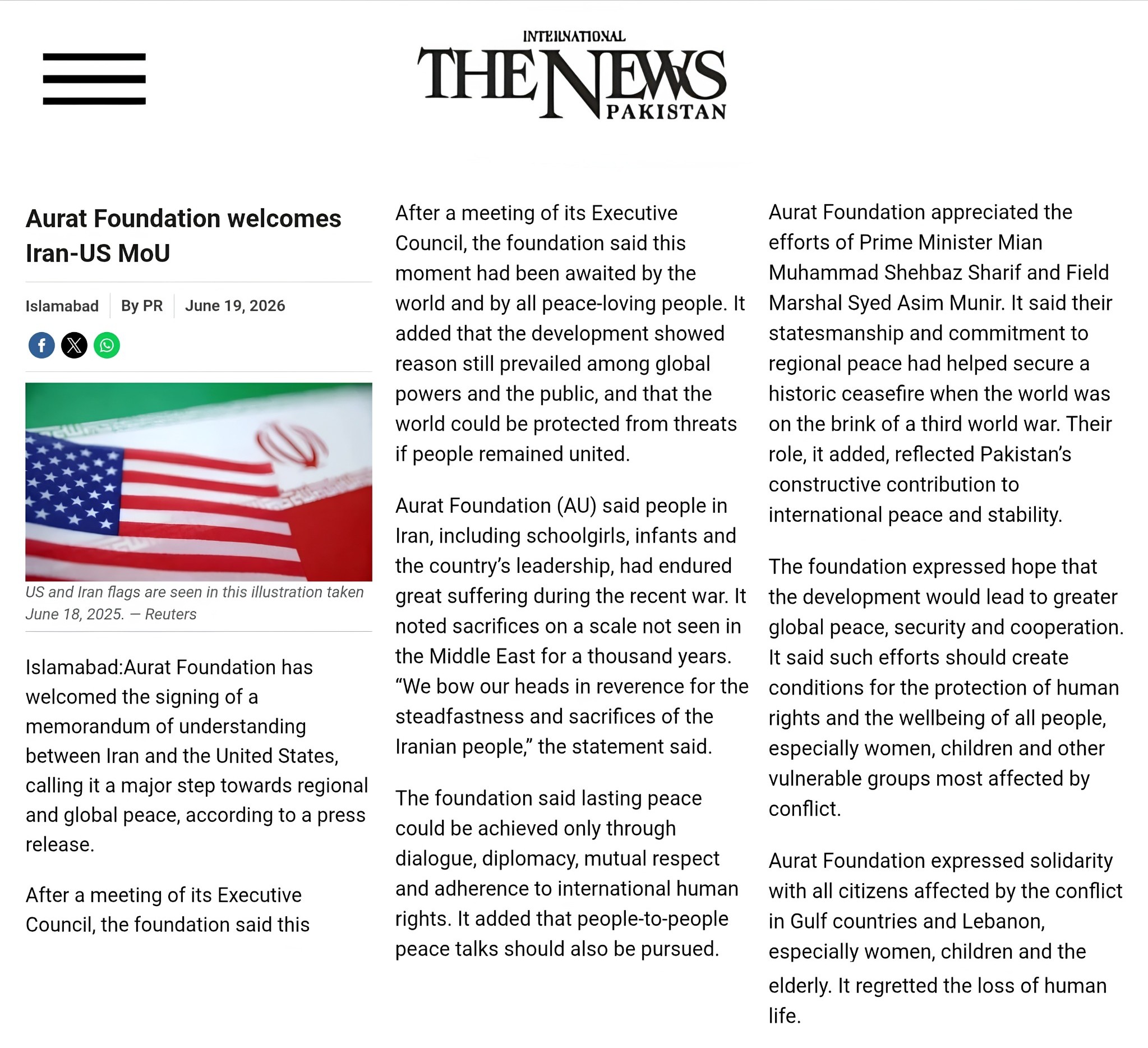 Aurat Foundation welcomes Iran-US MoU - The International News Pakistan