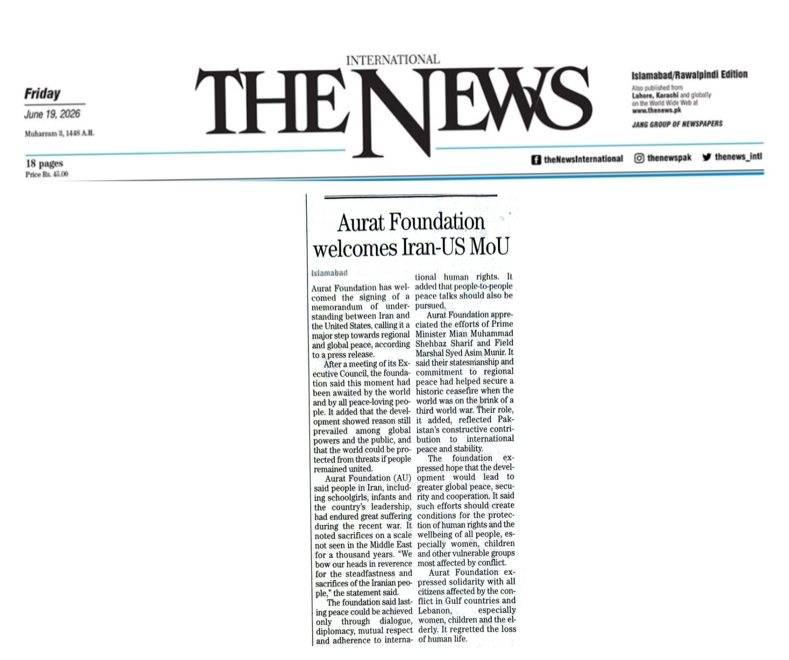 Aurat Foundation welcomes Iran-US MoU - The News International