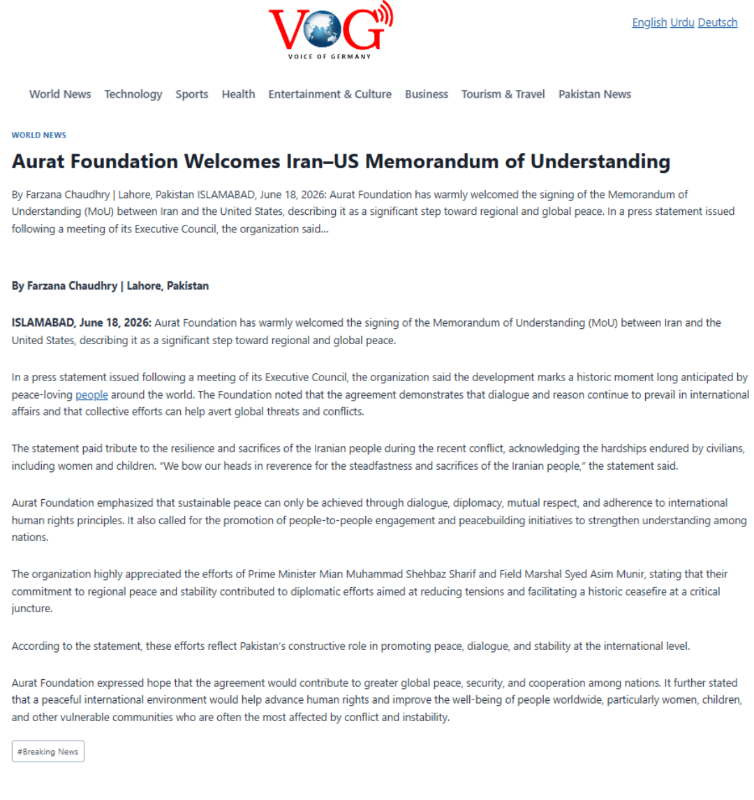 Aurat Foundation Welcomes Iran-US Memorandum of Understanding - Voice of Germany