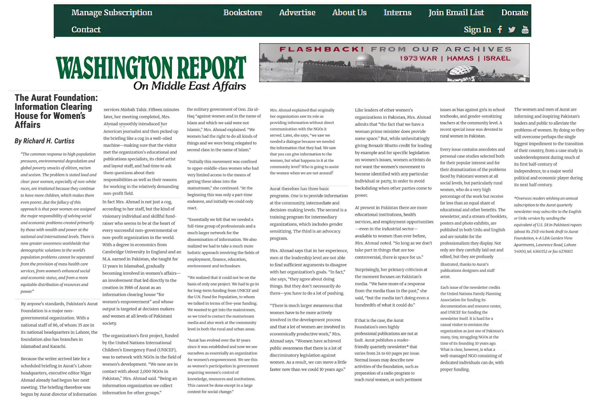The Aurat Foundation: Information Clearing House for Women’s Affairs - Washington Report