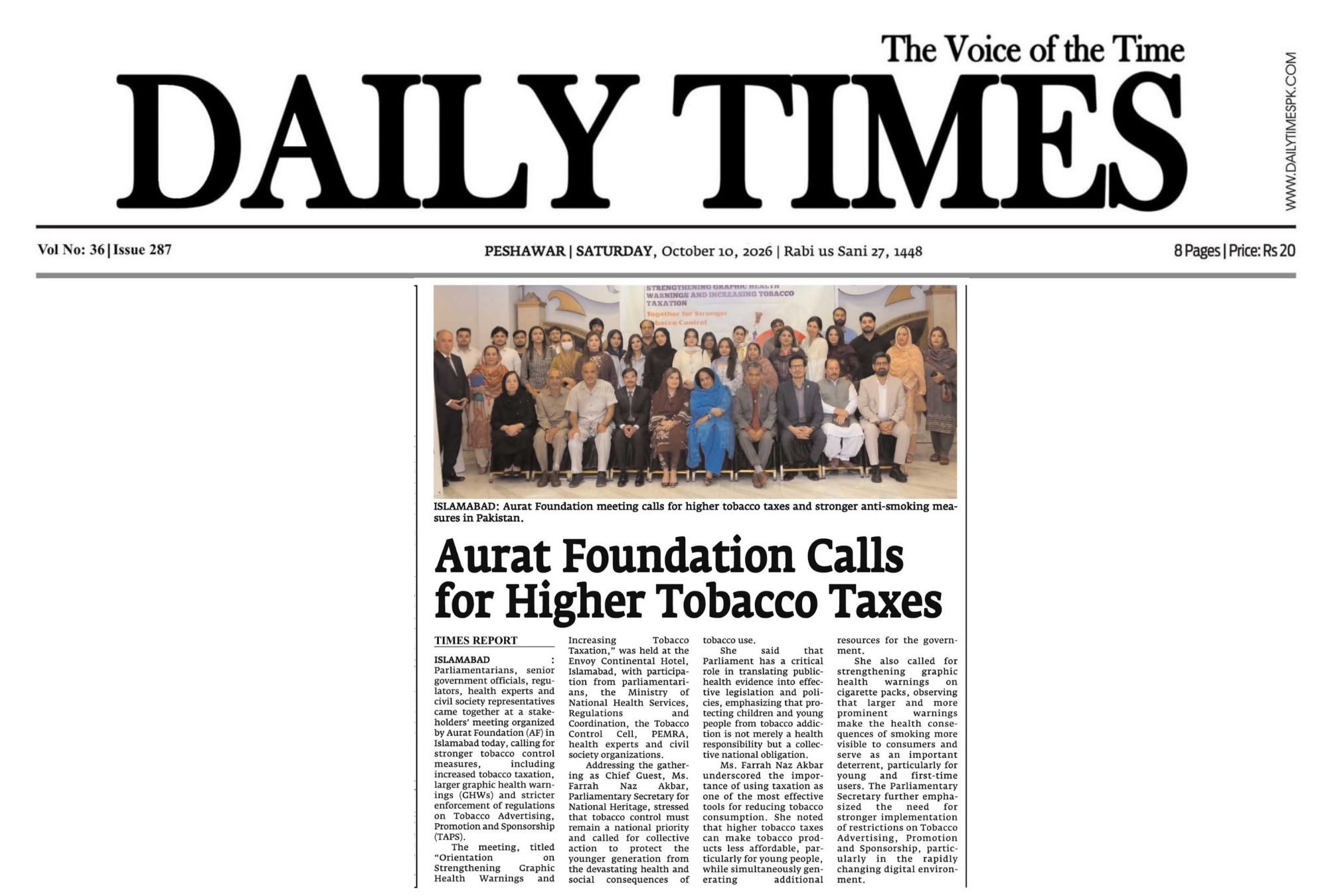 Aurat Foundation Calls for Higher Tobacco Taxes - Daily Times